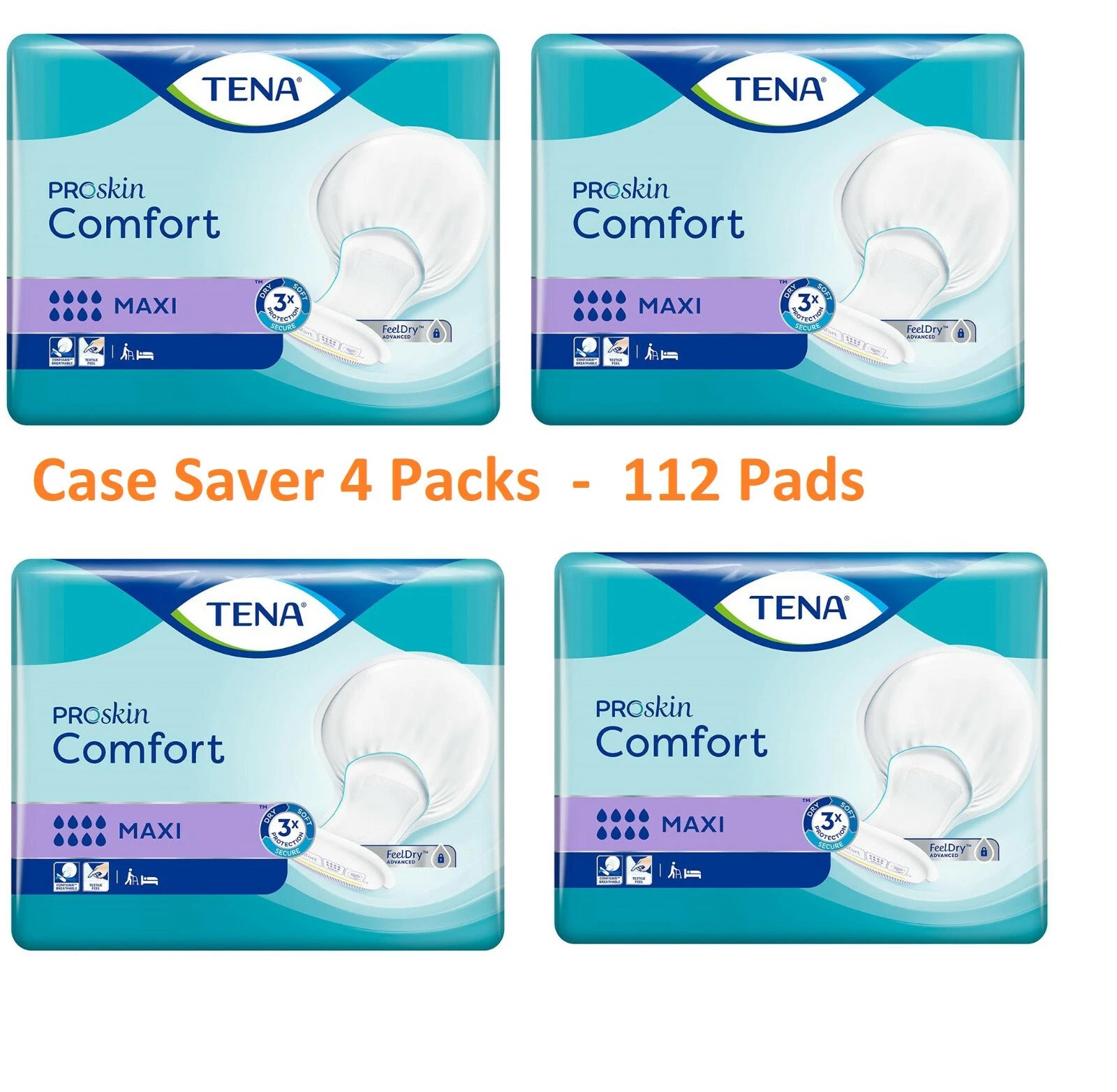 TENA Comfort Maxi Pro Skin Case Saver 4 Packs Of 28 Incontinence 112 Pads 759004