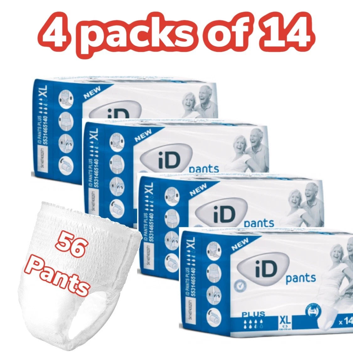 iD Pants Plus Case Saver Extra Large 4 Packs of 14 Incontinence Pants Pull Up