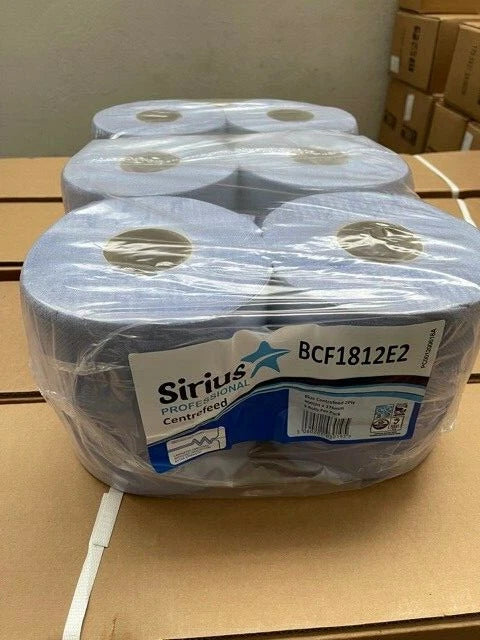 6 x Sirius Centre Feed Rolls 2ply Embossed Kitchen Paper Towel Bigger Blue Rolls