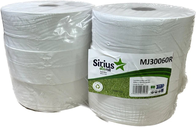 2PLY JUMBO TOILET ROLLS 300M - 6 ROLLS - 60MM CORE - LOOS ROLL