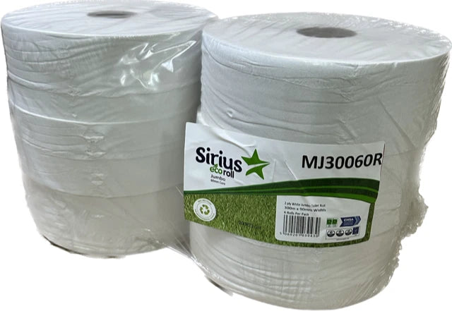 2PLY JUMBO TOILET ROLLS 300M - 6 ROLLS - 60MM CORE - LOOS ROLL