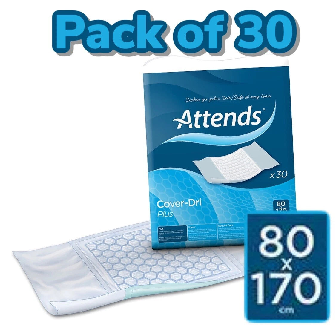 Attends Cover Dri Plus 80 x 170 with Tuck Pack of 30 Incontinence Bed Pads